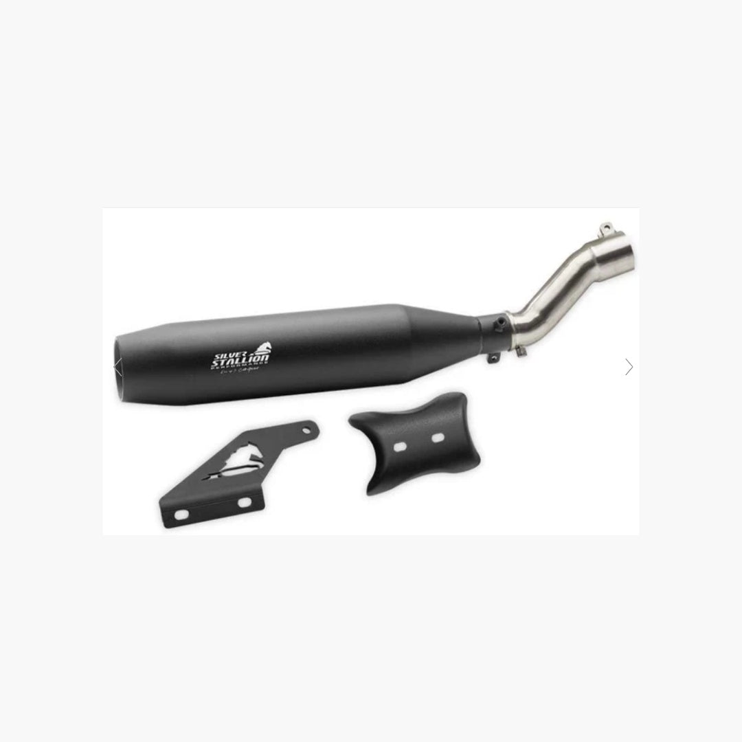 Silver Stallion Performance Exhaust for Triumph Speed 400 in Matt Black finish with mounting hardware