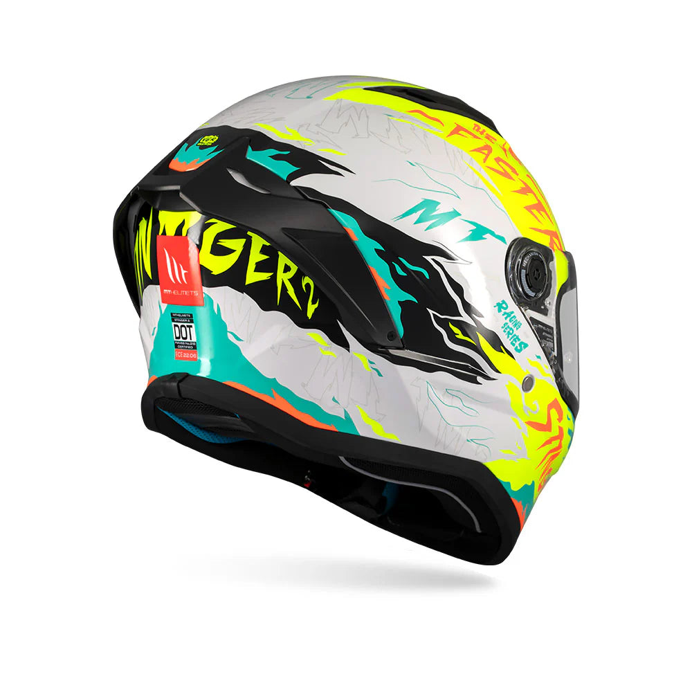 Colorful motorcycle helmet with branding on a white background
