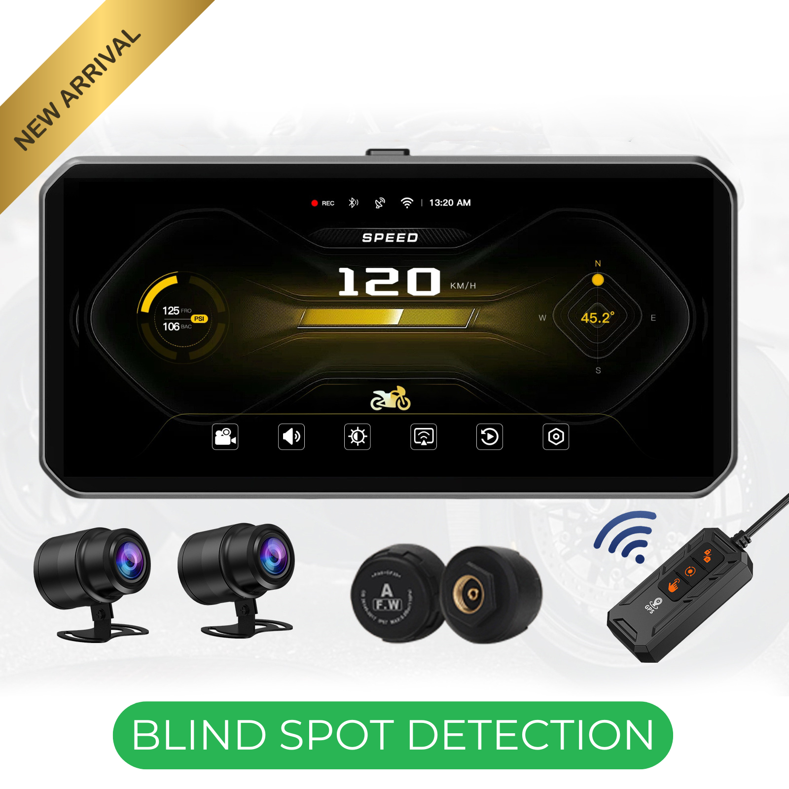 Universal E3 Elite 6.25-Inch Motorcycle Navigation System | Apple CarPlay & Android Auto | 2K HD Screen | DVR | TPMS | Blind Spot Detection