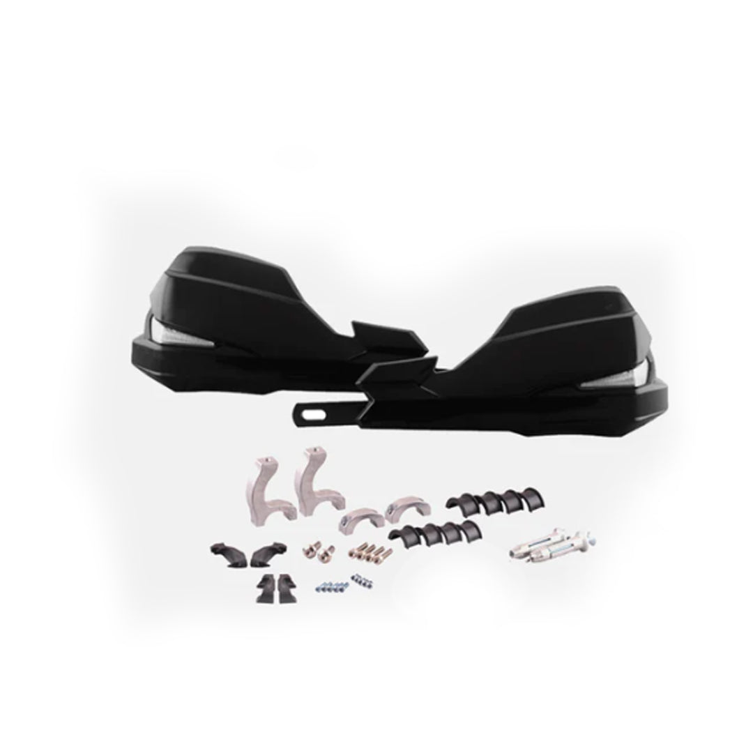 Black motorcycle MX hand guard with DRL and mounting hardware