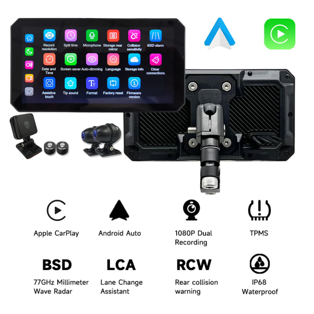 Alien Rider M2Max Motorcycle Streaming Smart System,77G mmWave Radar Blind Spot Detection,Wireless Connectivity with CarPlay/Android Auto,Rear-View Streaming Lane Change Assist,1080P HD Dashcam,TPMS