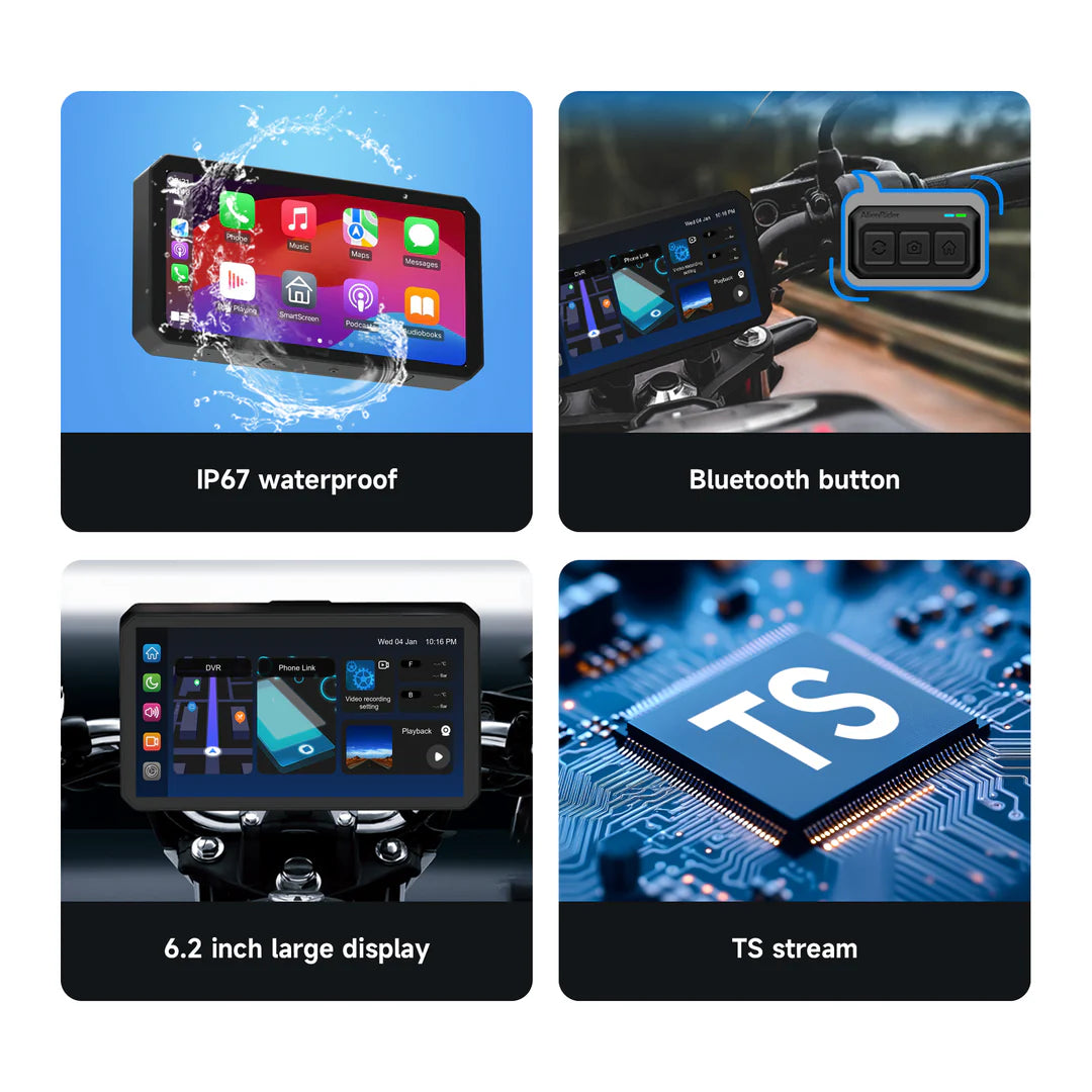 AlienRider M2-QR Smart Motorcycle Infotainment System | Unique QR Quick-Release Function | 77G Radar Blind Spot Monitoring | Tire Pressure and Temperature Monitoring | 6.2-inch Touchscreen | IP68 Waterproof