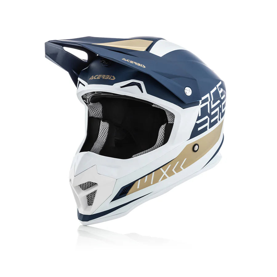 ACERBIS PROFILE 4 Motocross Helmet gloss finish in white and blue with additional gold and black detailing, featuring a visor and ventilation system.