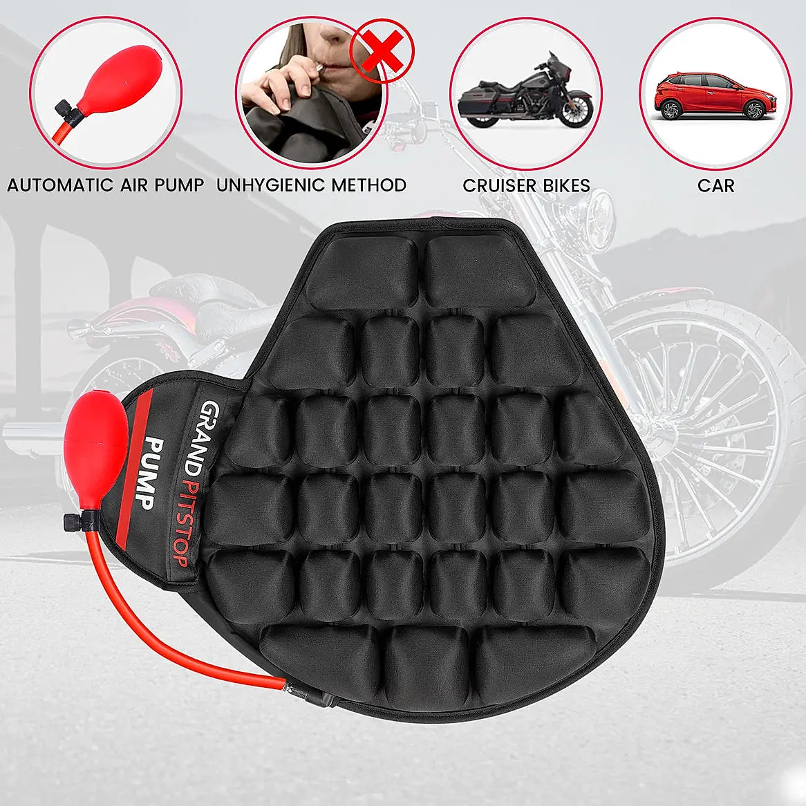 Air Bubble Airseat for Motorcycle and Car Lumbar Support - Cruiser with Pump | Grand Pitstop
