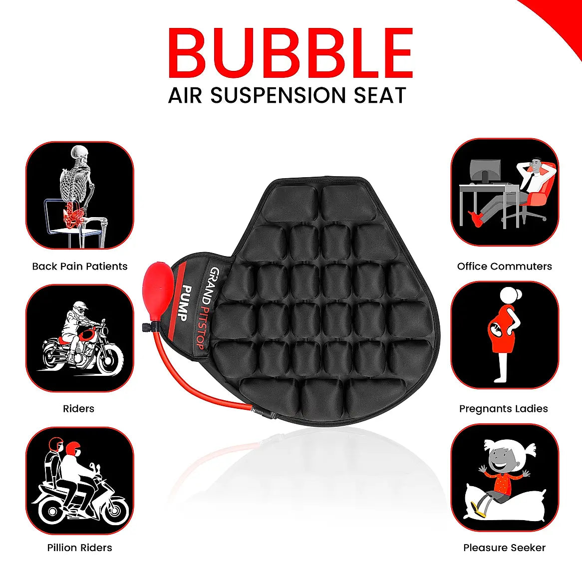 Air Bubble Airseat for Motorcycle and Car Lumbar Support - Cruiser with Pump | Grand Pitstop