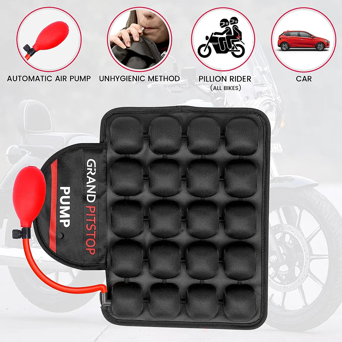 Air Bubble Airseat for Motorcycle and Car Lumbar Support - Pillion with Pump - Grand Pitstop