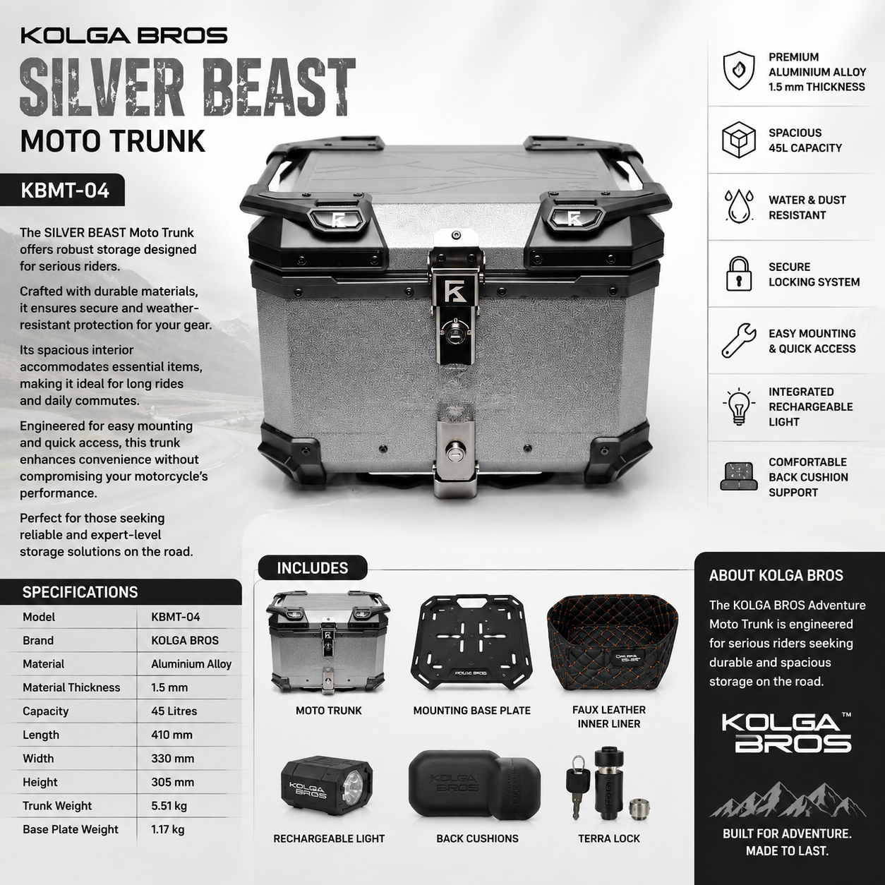 Kolga Bros Beast Moto Trunk with Terra Lock Aluminium Alloy Top Box – Silver (KBMT-04)