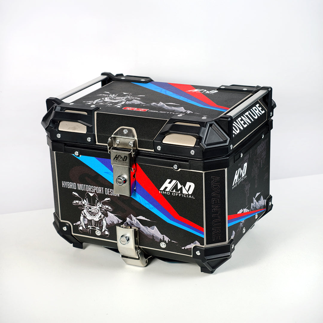 HMD 45L Aluminum Top Box – Black, Blue & Red GS Adventure Graphics with Free Back Rest Pad