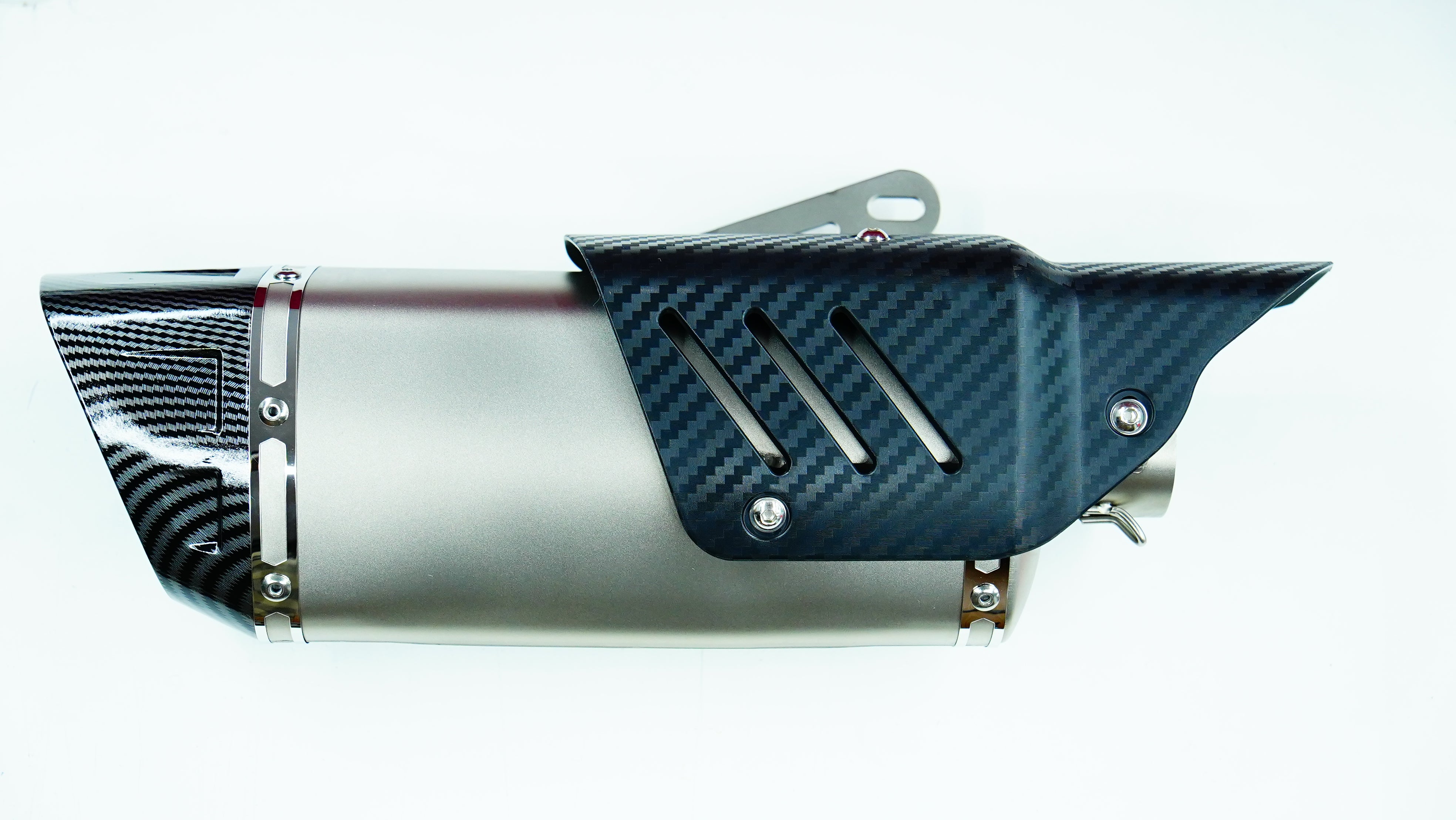 A BSDDP Slip On Exhaust with a white and silver finish, featuring a dual-tone design with a carbon fiber pattern on the heat shield.