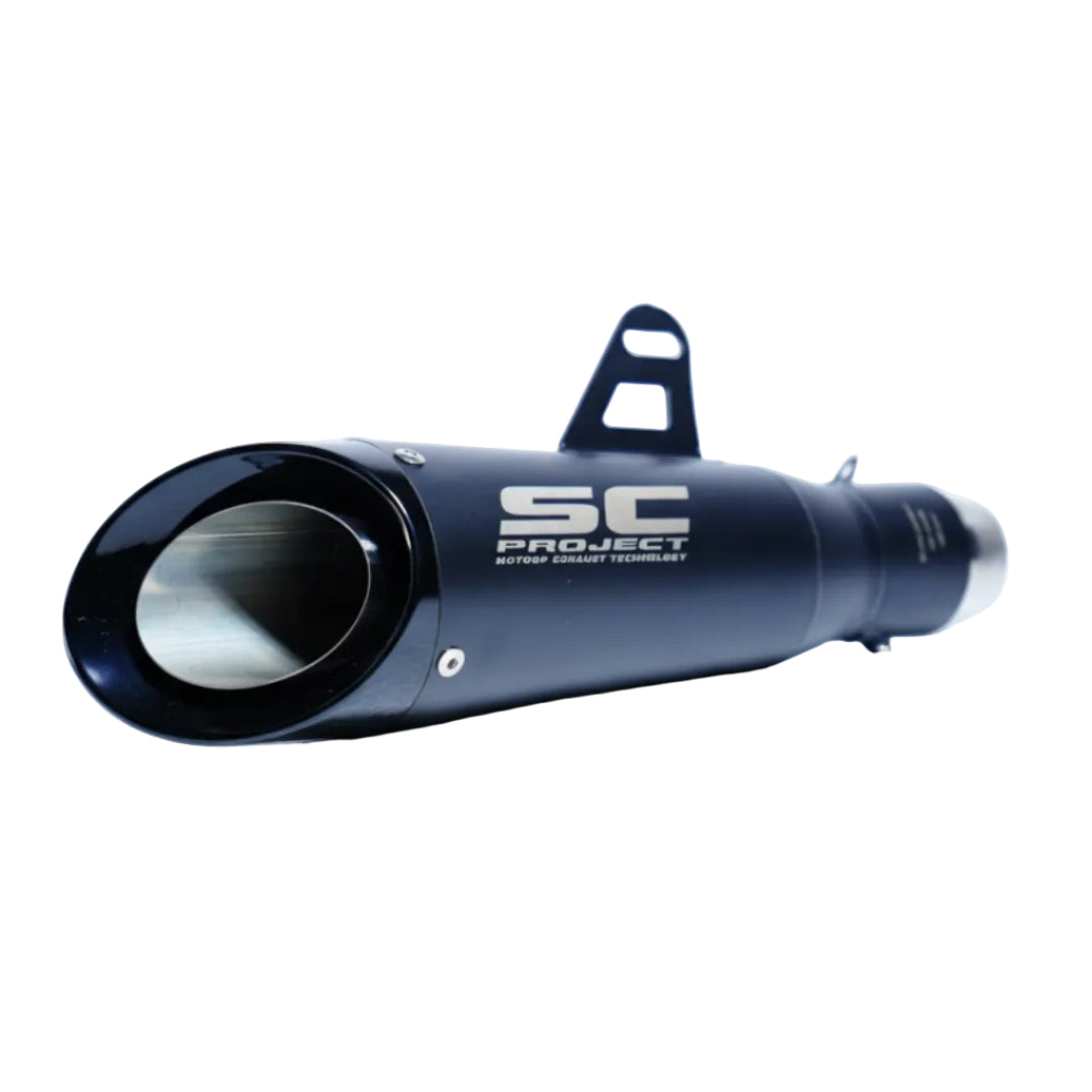 Motorcycle exhaust with SC Project logo on a white background