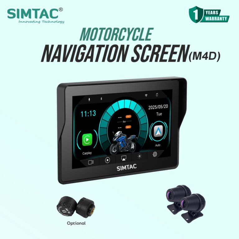 Simtac Motorcycle GPS CarPlay & Android Auto System – M4DT with TPMS & Dual HD Cameras