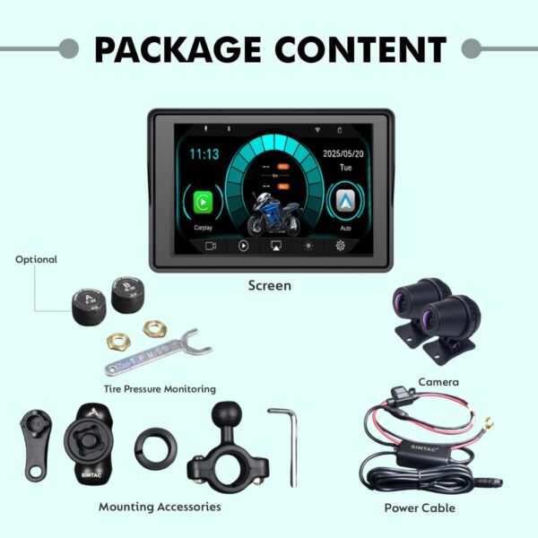 Simtac Motorcycle GPS CarPlay & Android Auto System – M4DT with TPMS & Dual HD Cameras