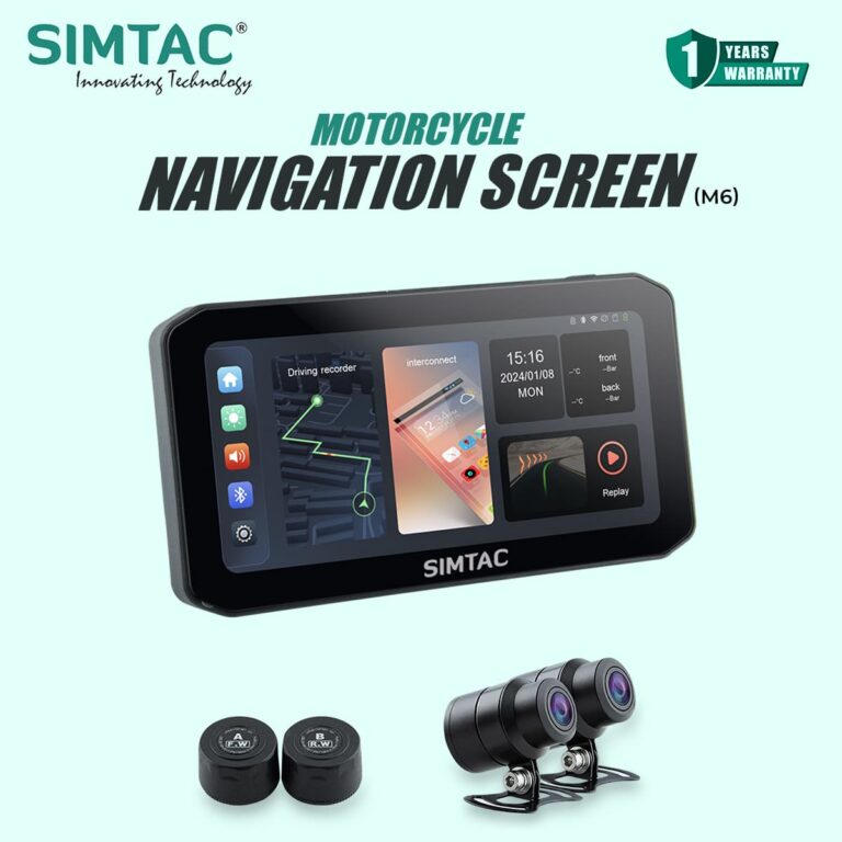 Simtac Motorcycle GPS CarPlay & Android Auto System – M6DT with Dual Cameras & TPMS