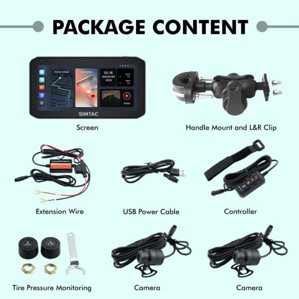 Simtac Motorcycle GPS CarPlay & Android Auto System – M6DT with Dual Cameras & TPMS