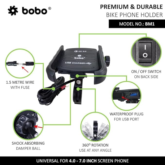 BOBO BM1 Jaw-Grip Bike Phone Holder with QC 3.0 USB Charger