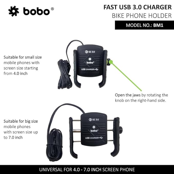 BOBO BM1 Jaw-Grip Bike Phone Holder with QC 3.0 USB Charger