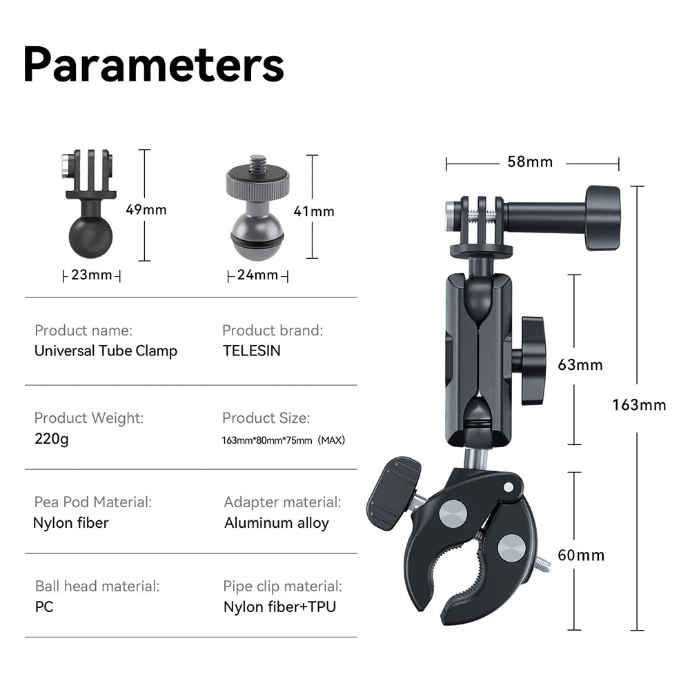 TELESIN Plastic Universal Handlebar Mount Tube Clamp