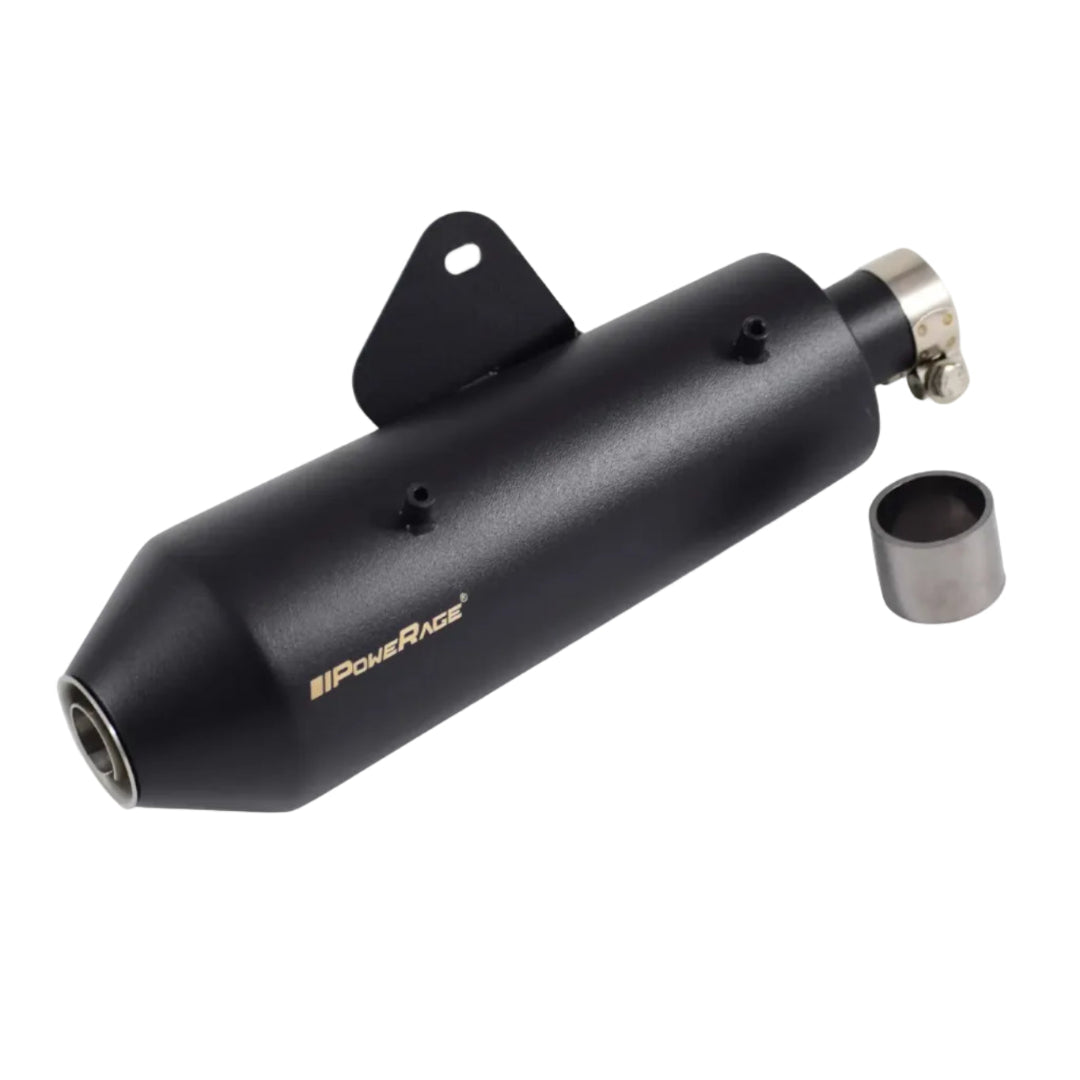 Black motorcycle exhaust with PowerRage branding on a white background