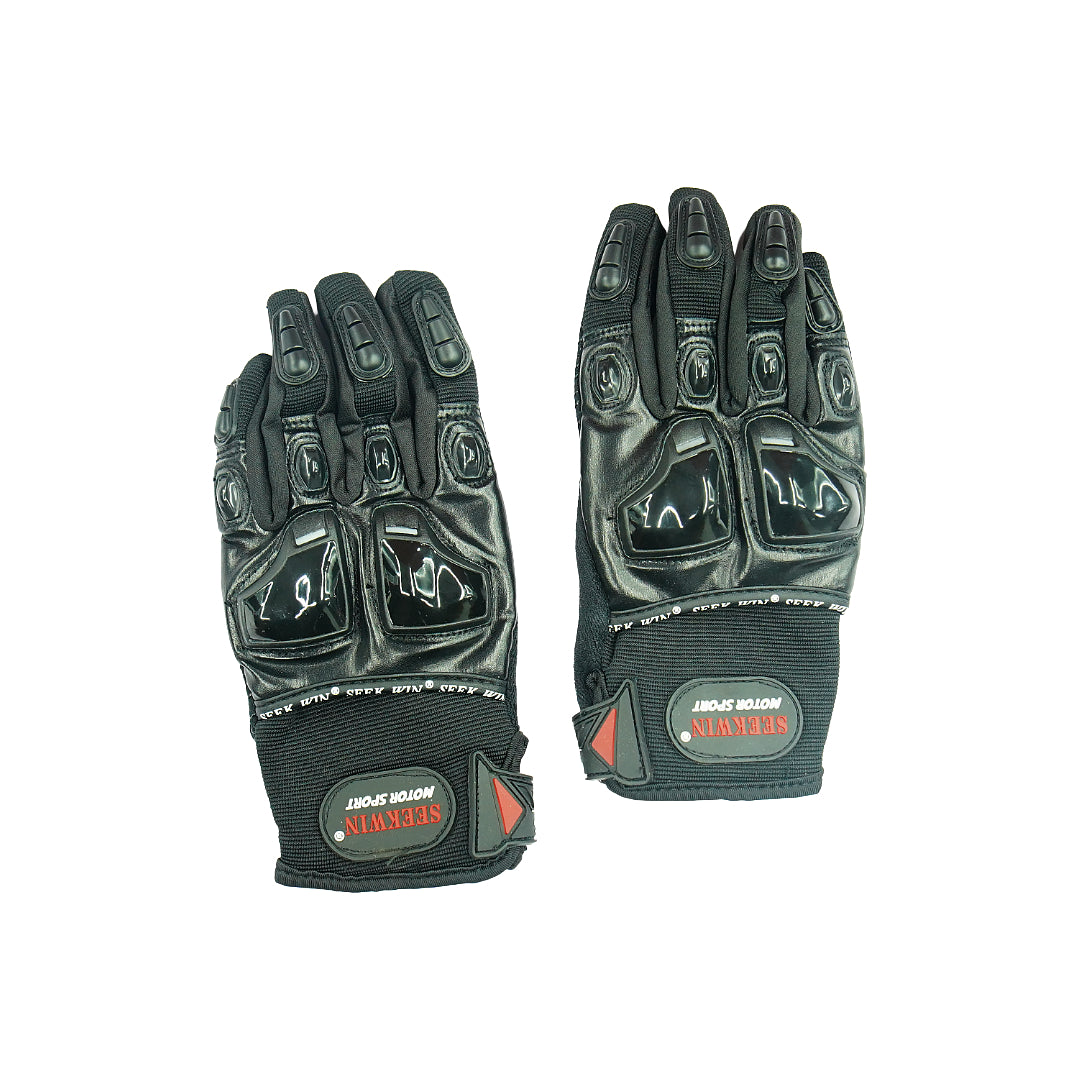 Pair of black motorcycle gloves with brand logos on a white background