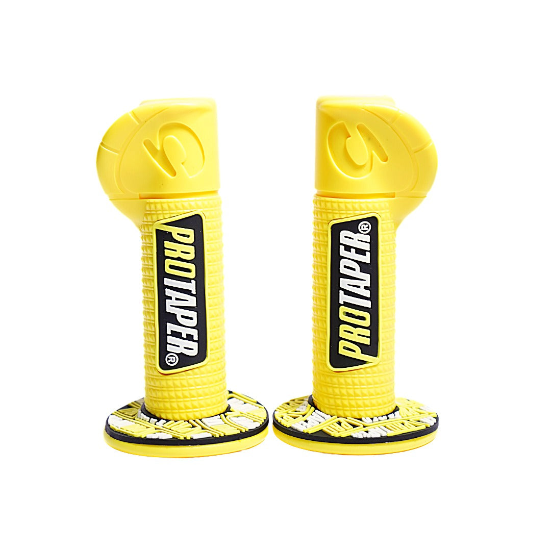 Two yellow ProTaper motorcycle grips on a white background