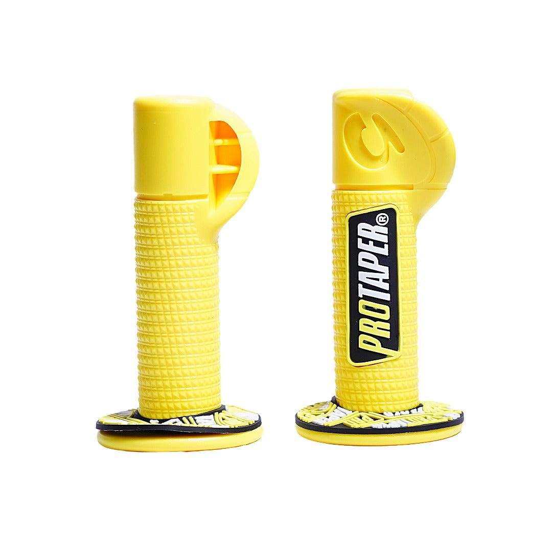 Yellow motorcycle grips with ProTaper logo on a white background