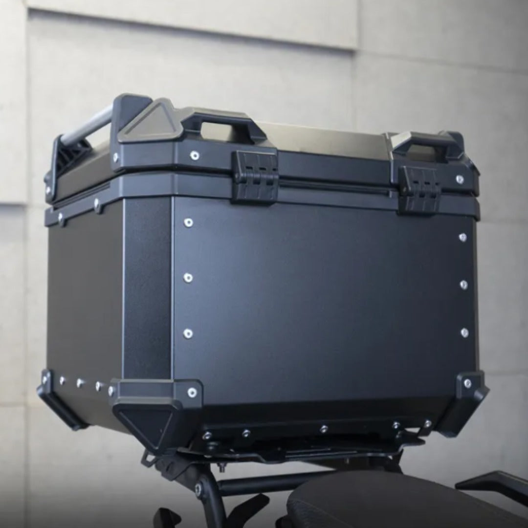 ZANA Universal 55L Aluminium Top Box – L-Flat Black with Backrest Cushion, Waterproof & Rustproof