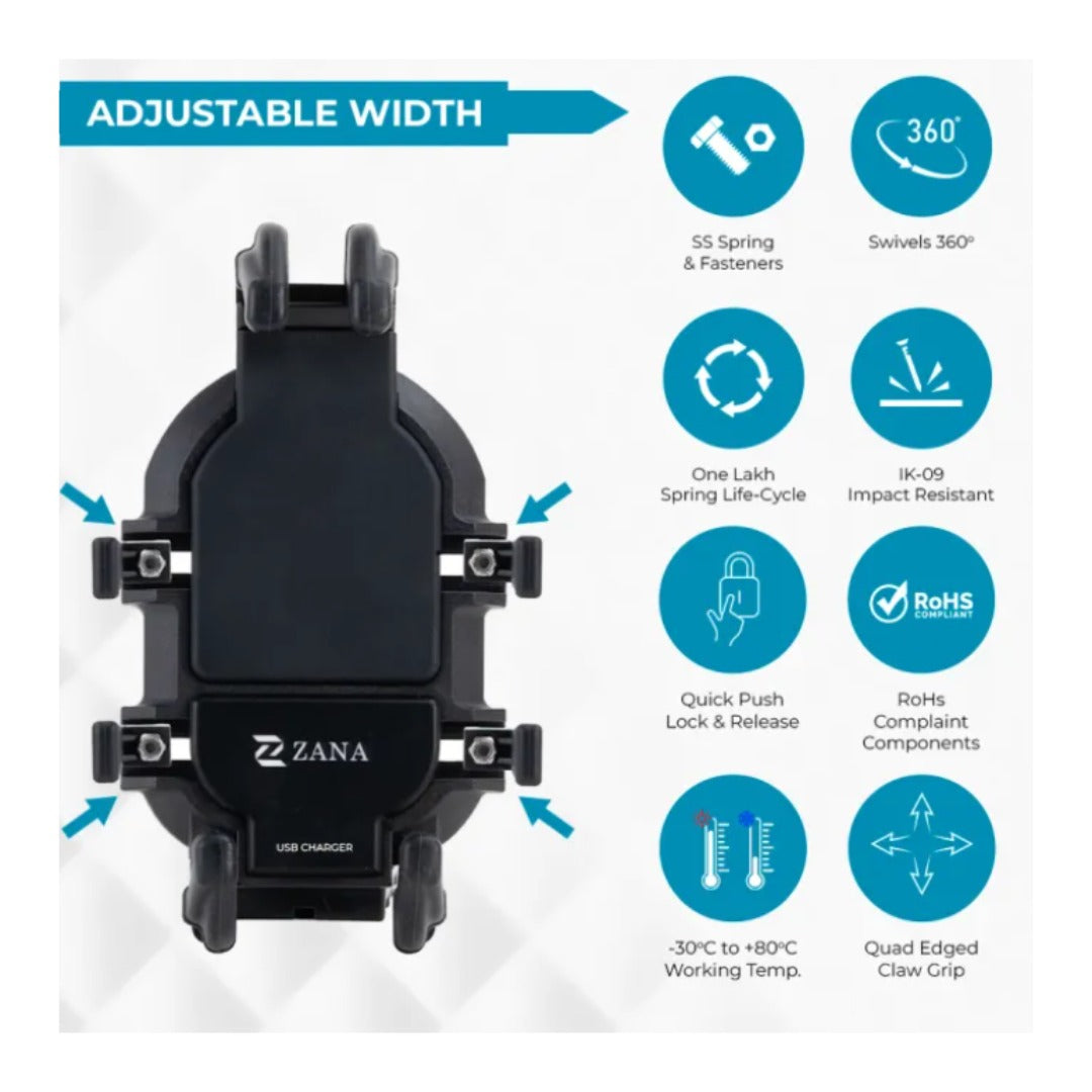 ZANA Universal Mobile Holder with USB Charger – Adjustable Handlebar Mount (18W Fast Charging)