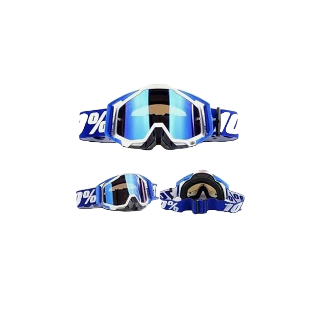 Blue and white goggles with a brand logo on a white background