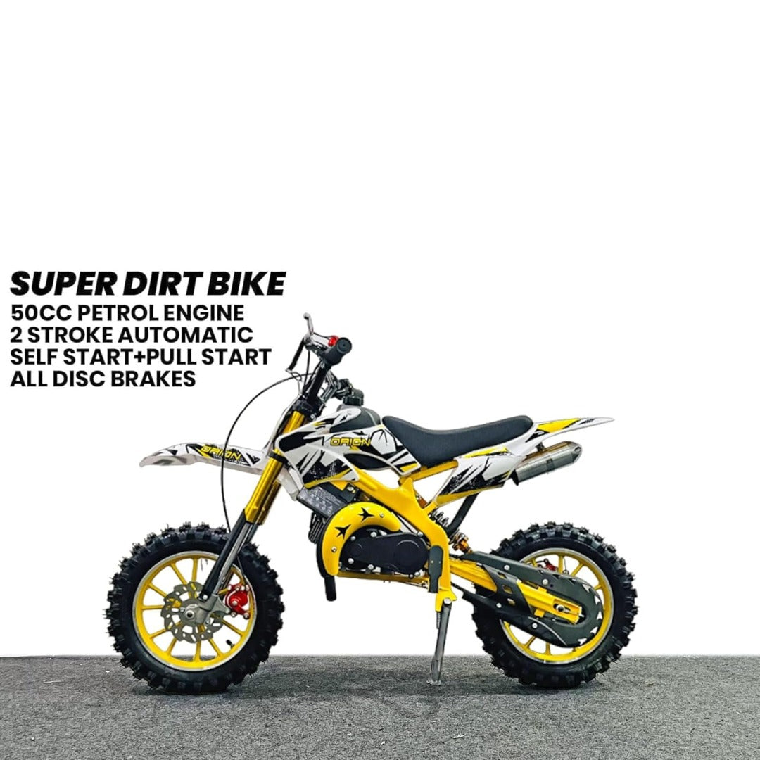 Yellow and black dirt bike with specifications text on a white background