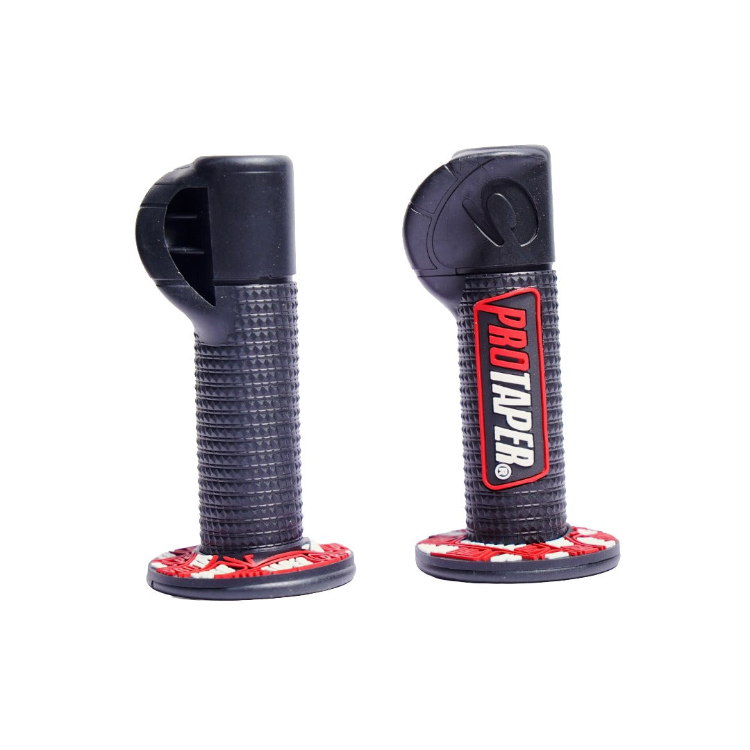 Pair of black and red Pro Taper motorcycle grips on a white background
