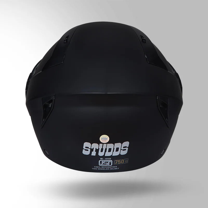 STUDDS Vogue Matt Black Helmet – Open Face ISI Certified Helmet