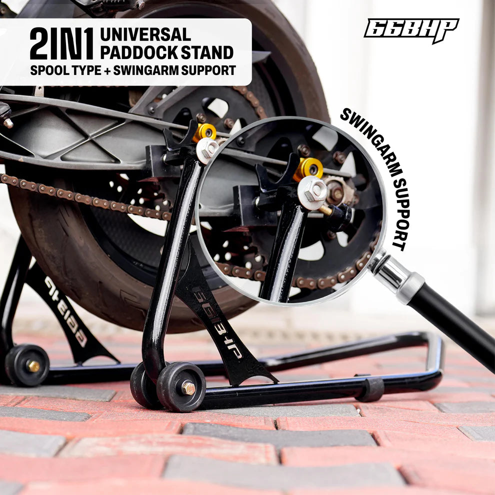 66Bhp Motorcycle Universal Paddock Stand – Spool Type + Swing Arm (2-in-1)