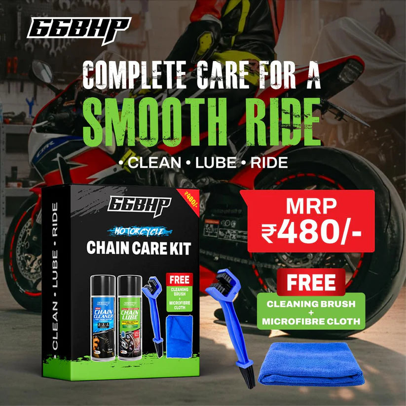 66BHP Motorcycle Chain Care Kit – Chain Cleaner, Chain Lube Spray, Cleaning Brush & Microfiber