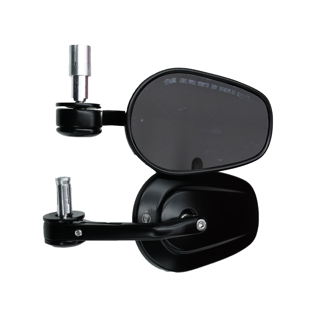 A black rear view mirror with an adjustable mounting position, designed for use on motorcycles.