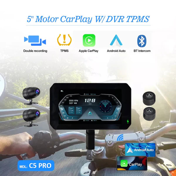 Aoocci C5 Pro All-in-One Motorcycle CarPlay Dash Cam with GPS & Anti-Theft | Front & Rear 1080P HD