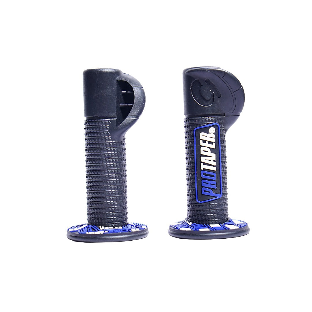 Pair of black and blue Pro Taper motorcycle grips on a white background