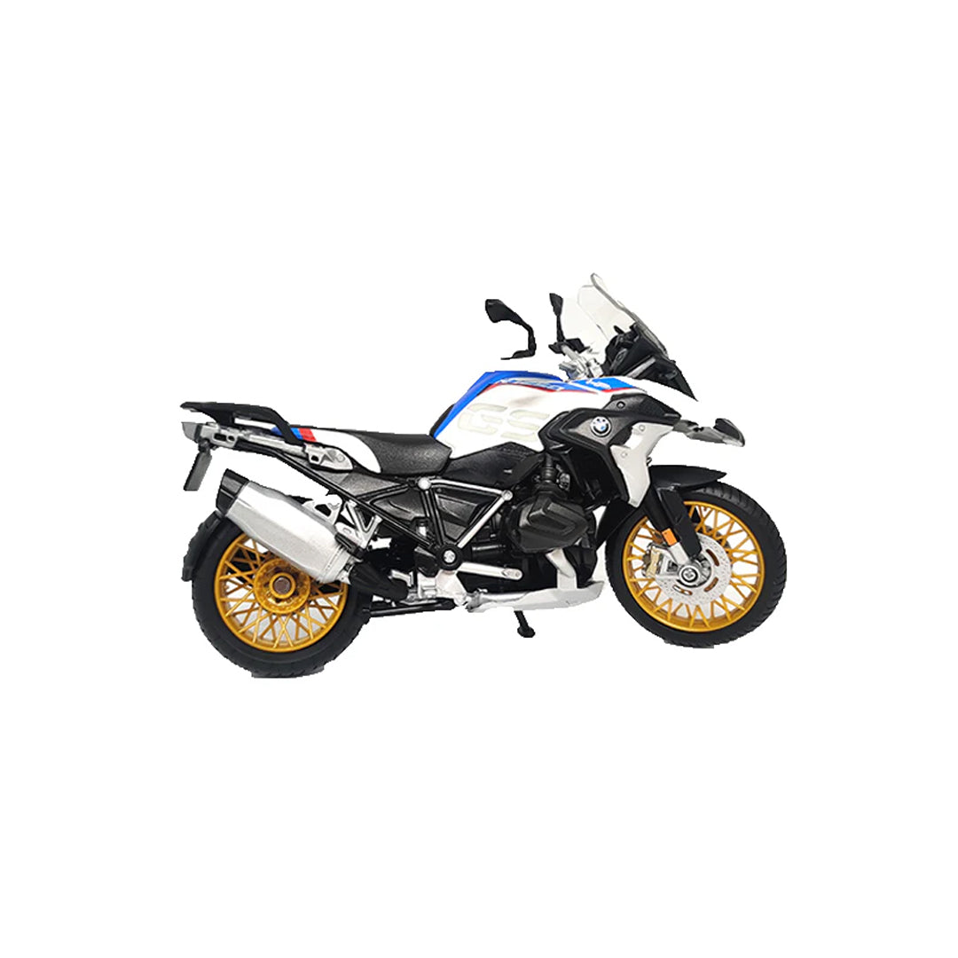 Maisto koenig-tom BMW R1250GS: modello moto in scala 1:12, con sospensioni e cavalletto laterale pieghevole, 17 cm, blu-bianco (5-20100), medio