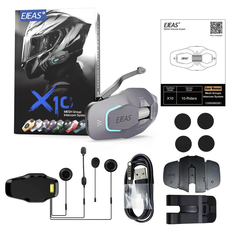 EJEAS X10_MESH+Bluetooth+5G Motorcycle Communication System, 2-10 People Talk Simultaneously