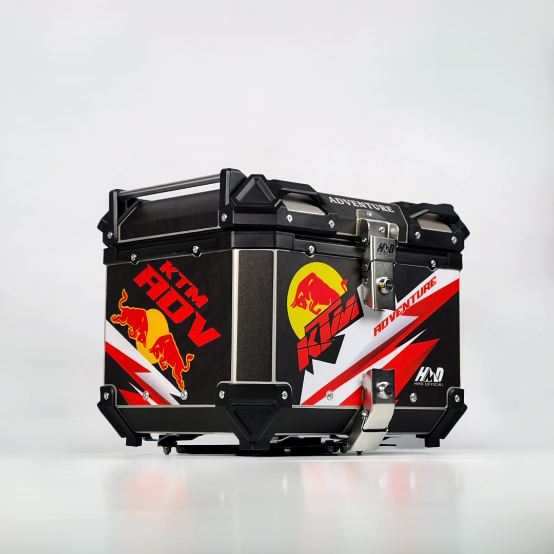 HMD 45L Aluminium Top | Black - Red - White KTM Adventure Graphics with Back Rest Pad