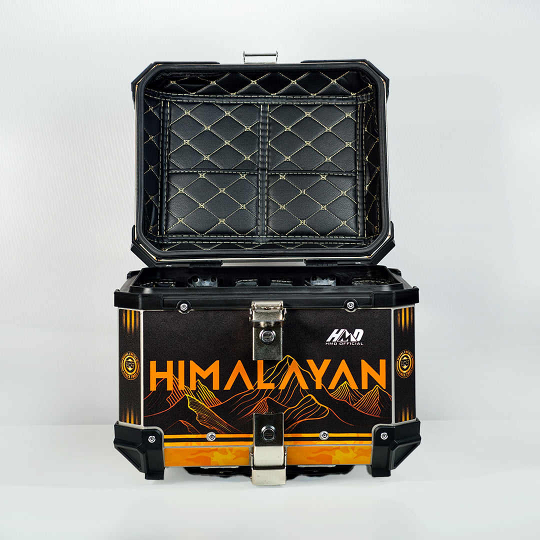 HMD 45L Aluminium Top Box with Black & Gold Orange Himalayan Adventure Graphics with Back Rest Pad