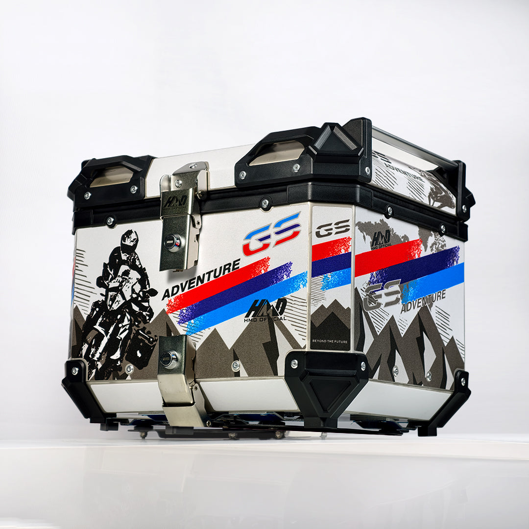 HMD 45L Aluminum Top Box – White, Blue & Red GS Adventure Graphics with Free Back Rest Pad