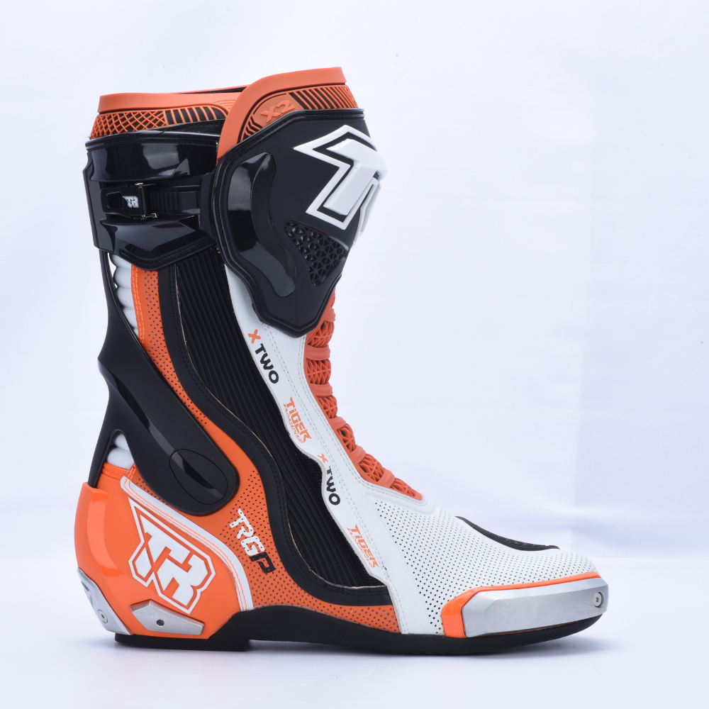 TR TIGER X TWO motorcycle racing boot side profile with ankle protection and titanium slider
