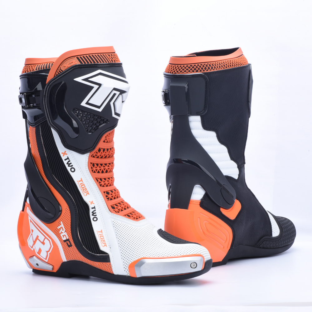 TR TIGER X TWO racing boots in orange, white and black for motorcycle track riding