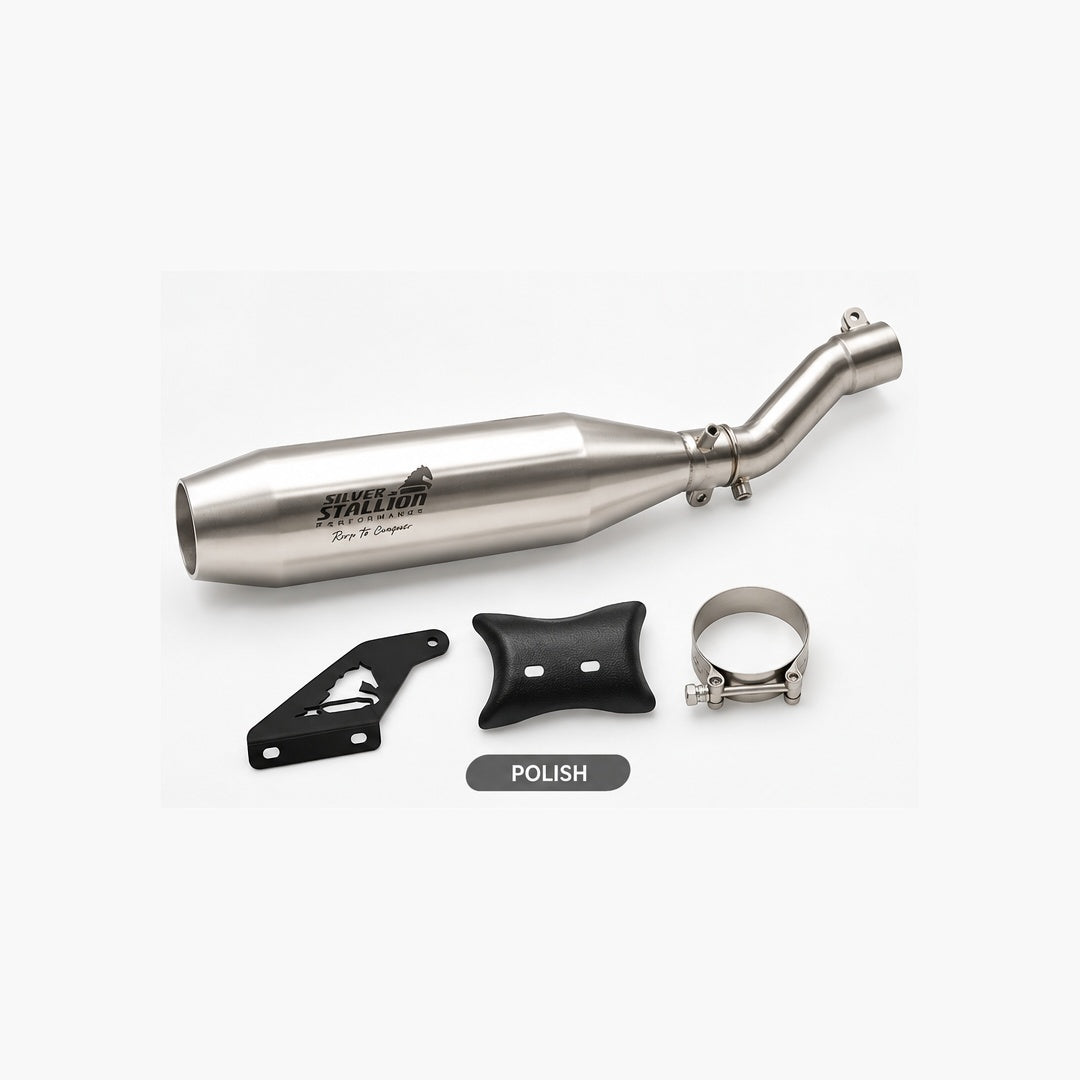 Silver Stallion Performance Exhaust for Triumph Speed 400 in polished stainless steel finish with mounting hardware