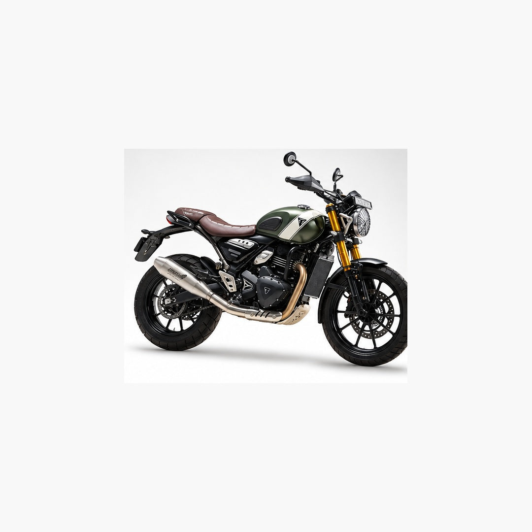 Silver Stallion Performance Exhaust installed on a Triumph 400 scrambler-style motorcycle, full side view