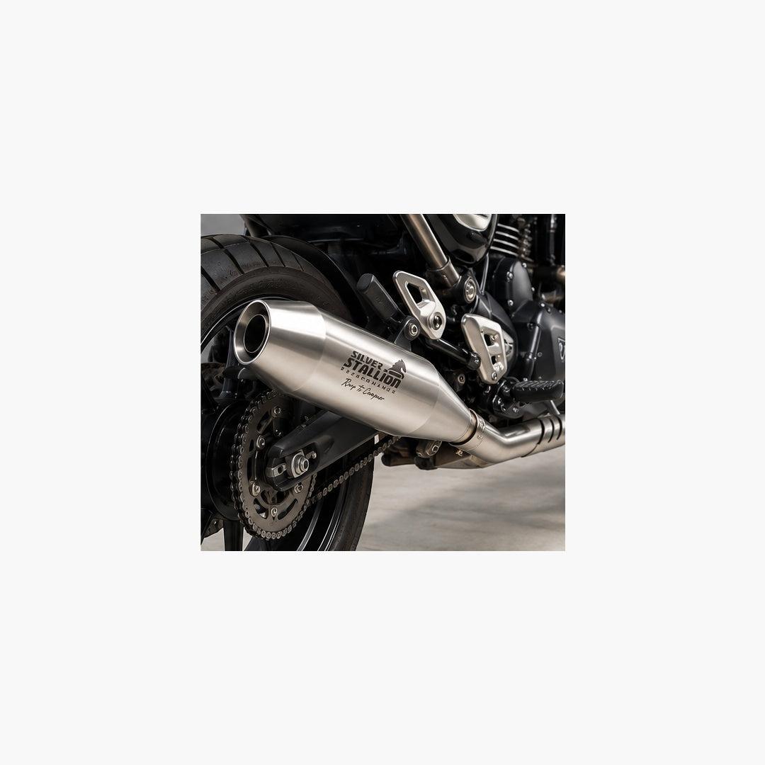 Close-up of Silver Stallion polished Performance Exhaust installed on a Triumph 400 motorcycle