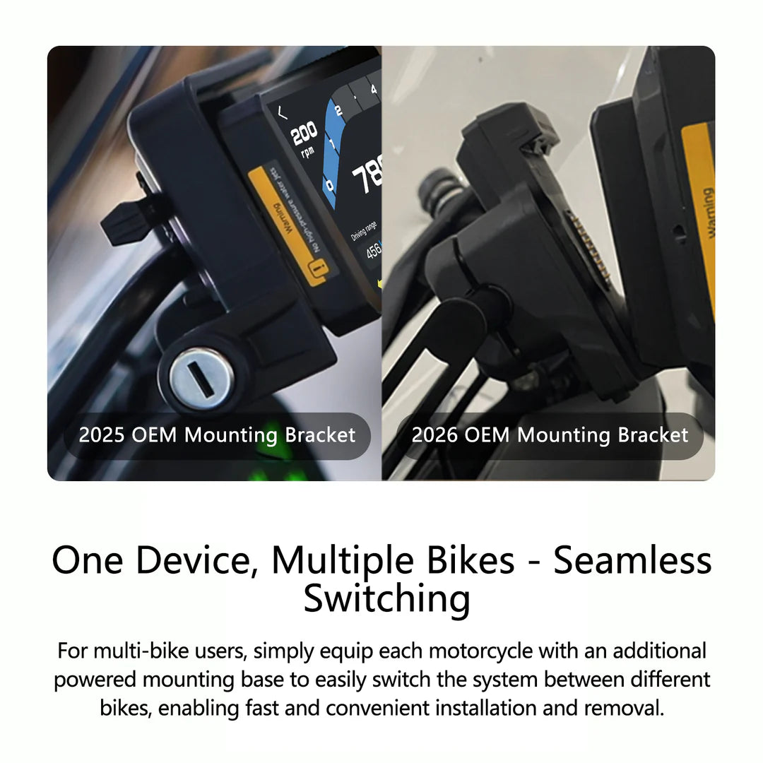 Two motorcycle mounting brackets labeled '2025 OEM Mounting Bracket' and '2026 OEM Mounting Bracket' with text about seamless switching between bikes.