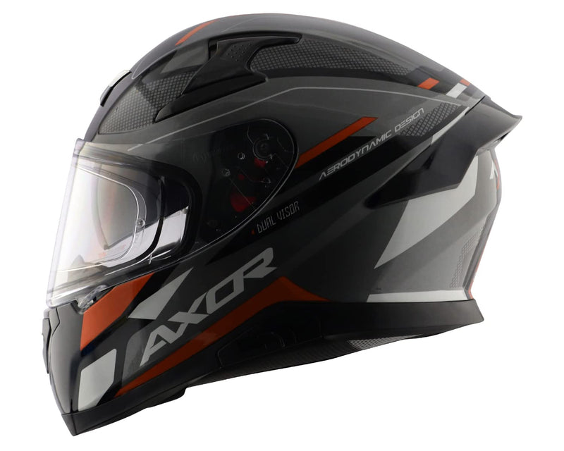 Axor Apex Turbine Full Face Dual Visor Helmet with Pinlock Fitted Outer Clear Visor And Inner Smoke Sun Visor Black Orange Grey Helmet