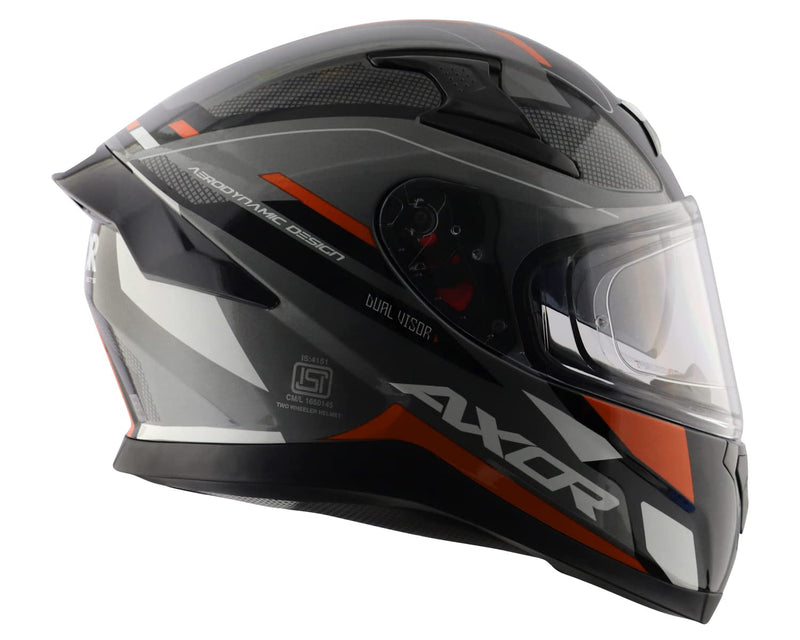 Axor Apex Turbine Full Face Dual Visor Helmet with Pinlock Fitted Outer Clear Visor And Inner Smoke Sun Visor Black Orange Grey Helmet