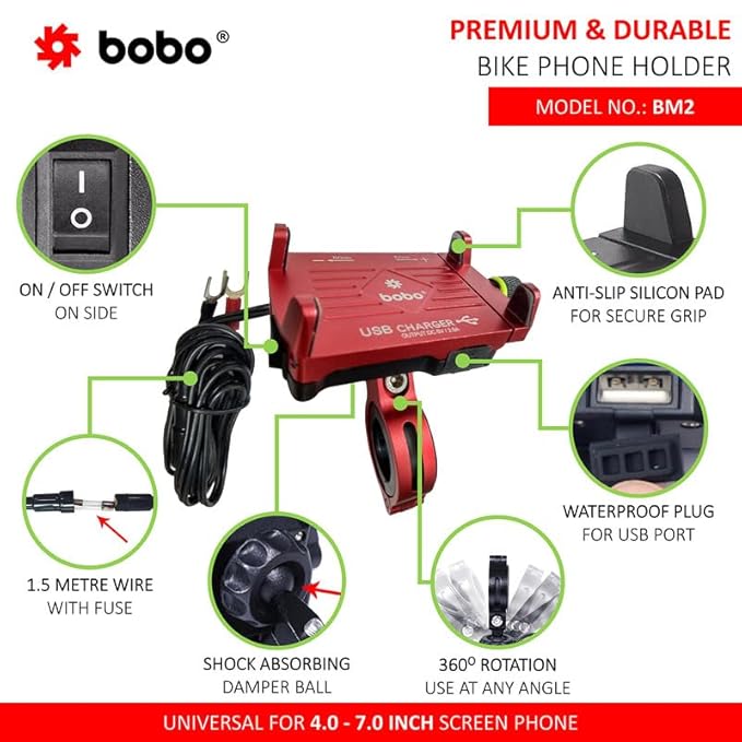 BOBO BM2 Claw-Grip Aluminium Bike Phone Holder (with 2.5A USB charger) Motorcycle Mobile Mount